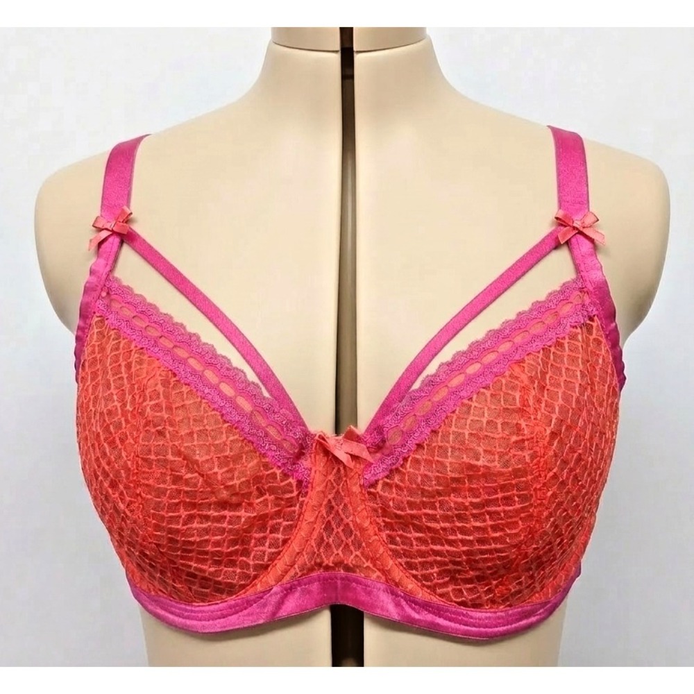 Cacique Lightly Lined Balconette Bra‎ 42DD Pink Orange Lace Mesh Underwire Bows